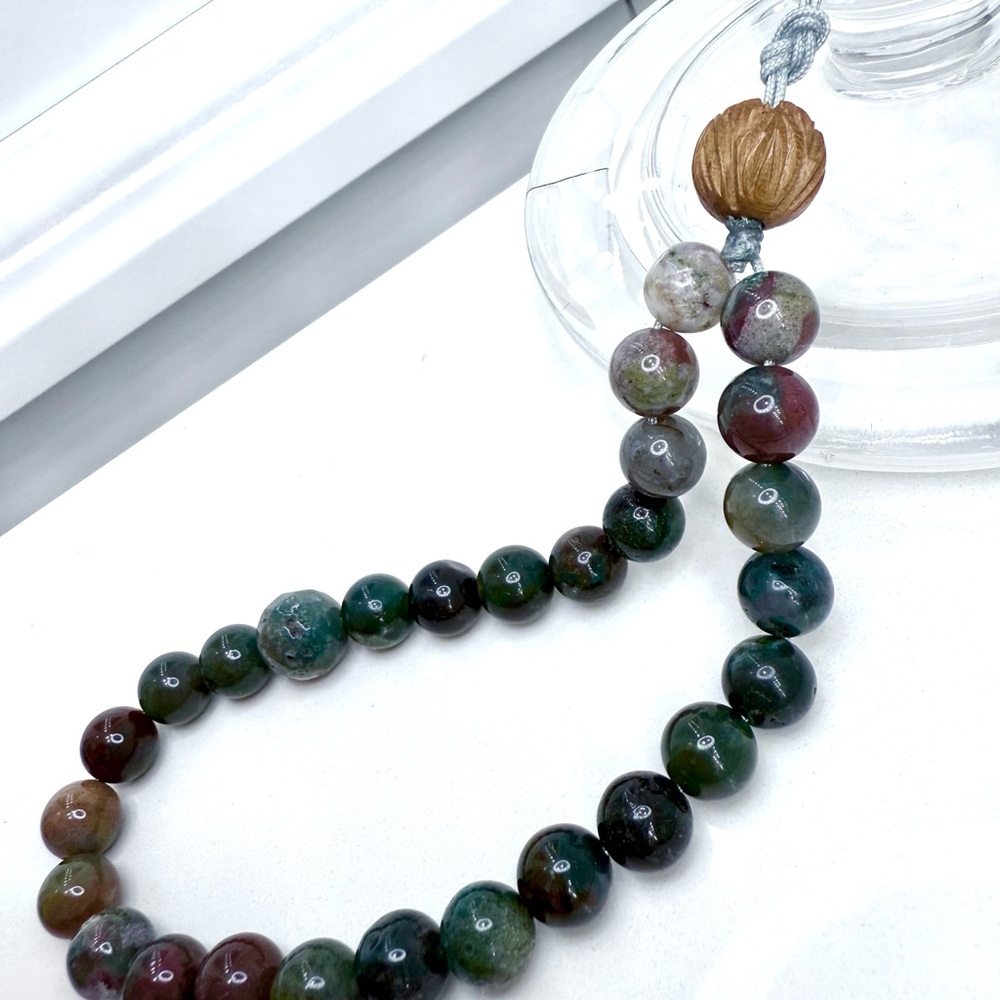 Real SEMI-PRECIOUS agate & carved wooden lotus bead cell phone lanyard/wristlet